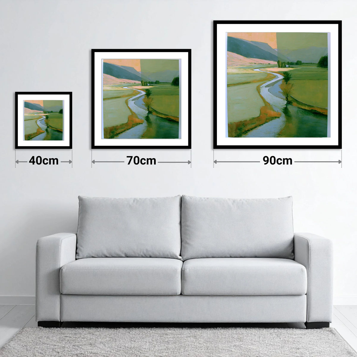 River Valley in Sage and Apricot - size guide showing 40cm, 70cm and 90cm art prints