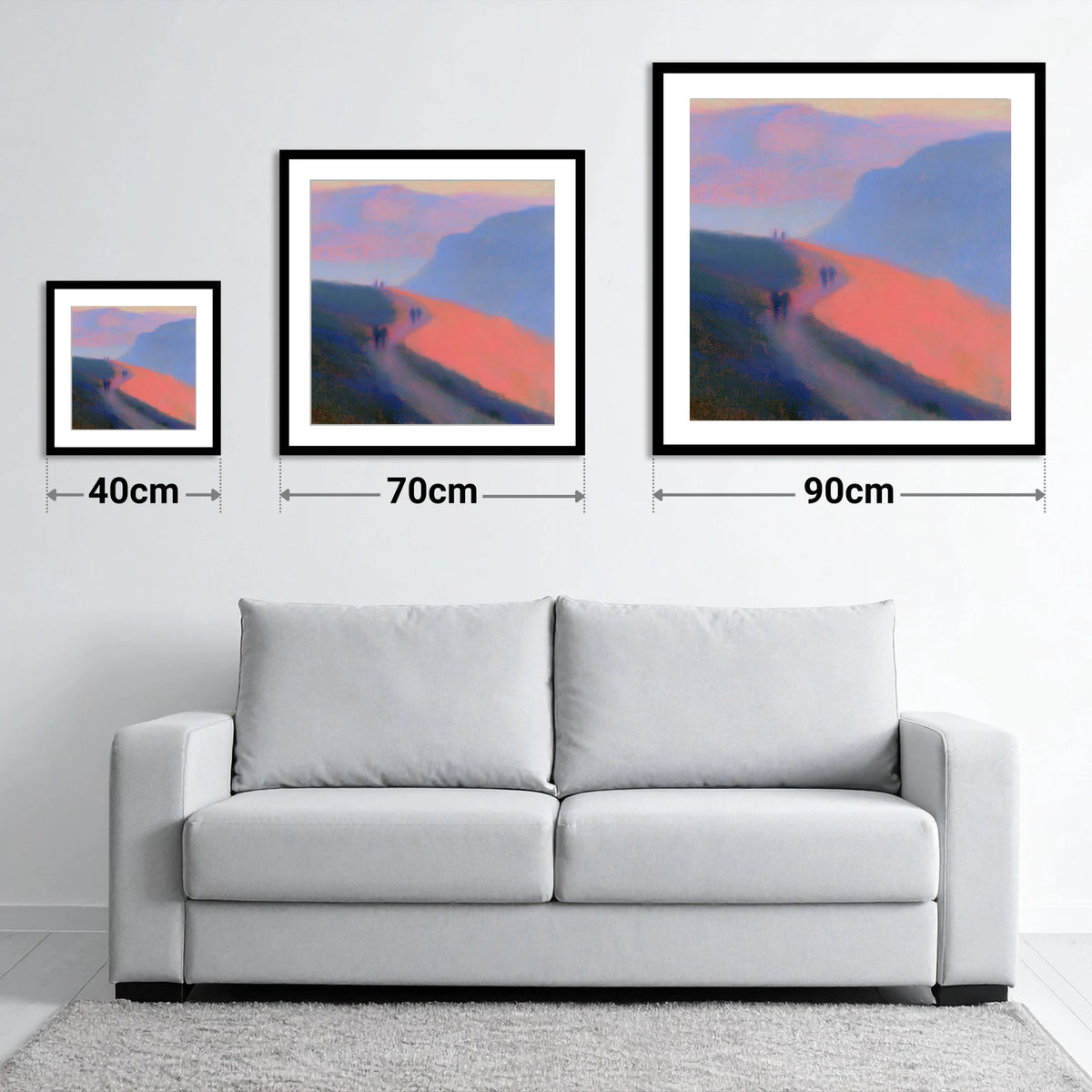 Twilight Walkers on a Fell Path - size guide showing 40cm, 70cm and 90cm art prints