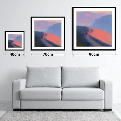 Twilight Walkers on a Fell Path - size guide showing 40cm, 70cm and 90cm art prints