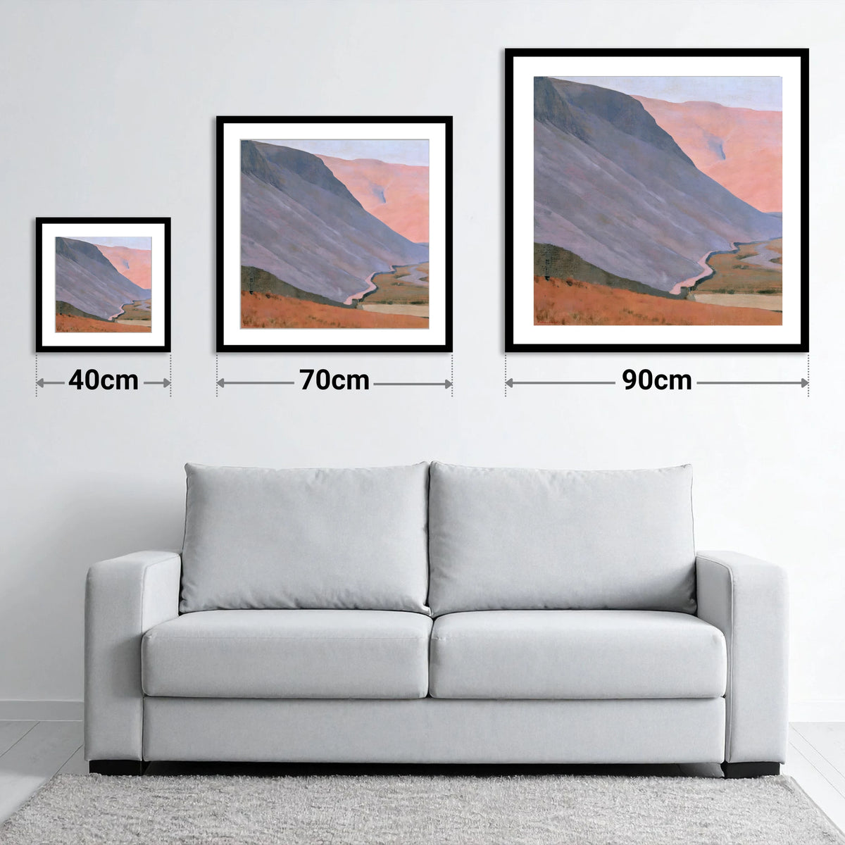Pastel Fells and Drystone Wall - size guide showing 40cm, 70cm and 90cm art prints