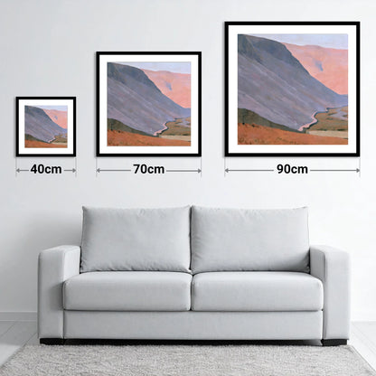 Pastel Fells and Drystone Wall - size guide showing 40cm, 70cm and 90cm art prints