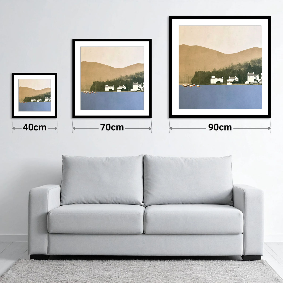 Moored Boats at Bowness Bay - size guide showing 40cm, 70cm and 90cm art prints