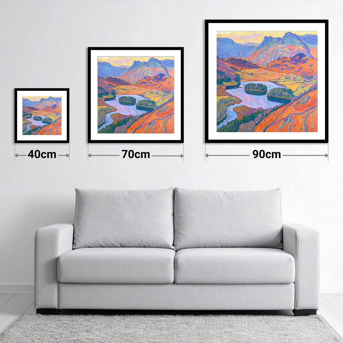 Radiant Fells Above Elter Water - size guide showing 40cm, 70cm and 90cm art prints