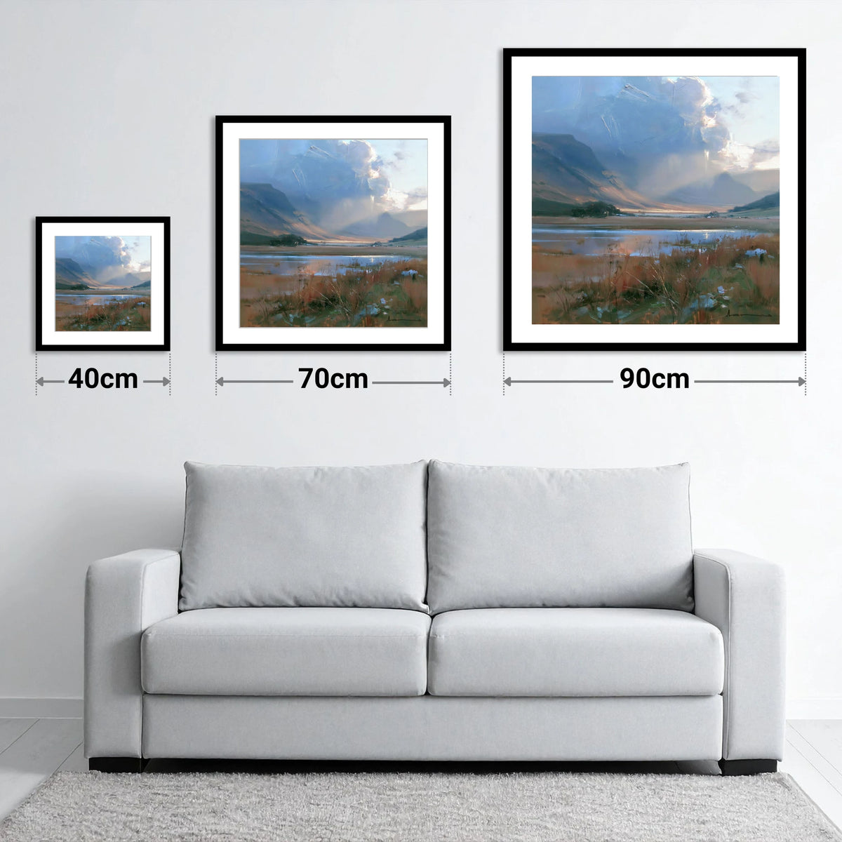 Breaking Storm Over The Fells - size guide showing 40cm, 70cm and 90cm art prints