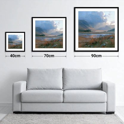 Breaking Storm Over The Fells - size guide showing 40cm, 70cm and 90cm art prints
