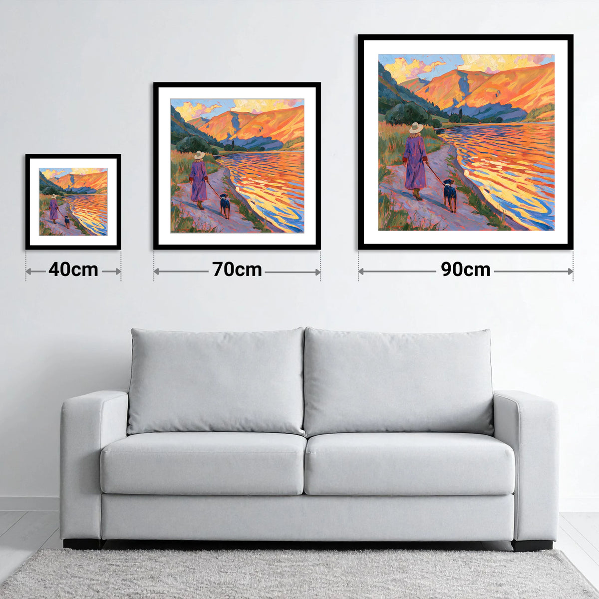 Colourful Dog Walk at Ullswater - size guide showing 40cm, 70cm and 90cm art prints