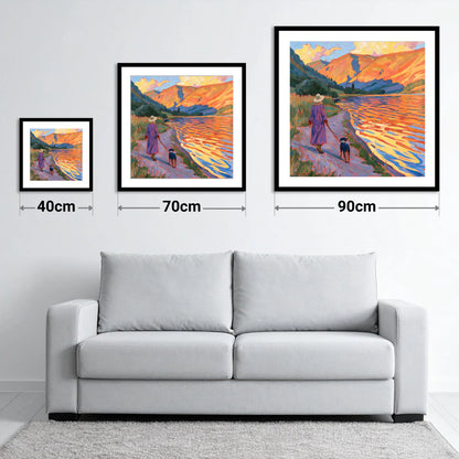 Colourful Dog Walk at Ullswater - size guide showing 40cm, 70cm and 90cm art prints