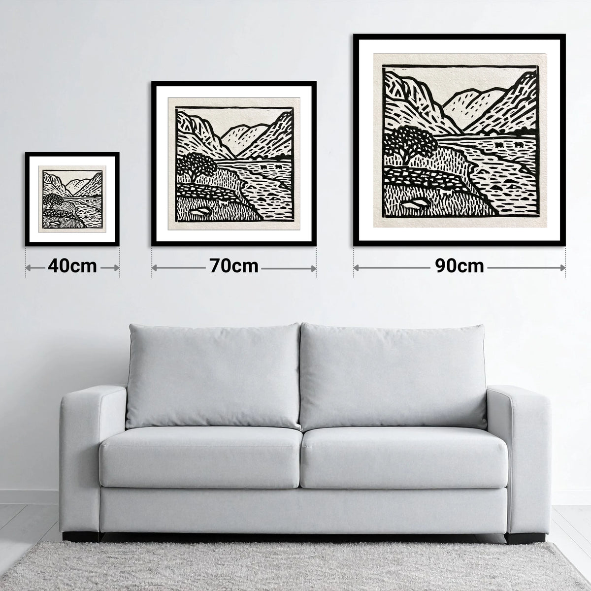 Monochrome Eskdale Valley Landscape - size guide showing 40cm, 70cm and 90cm art prints