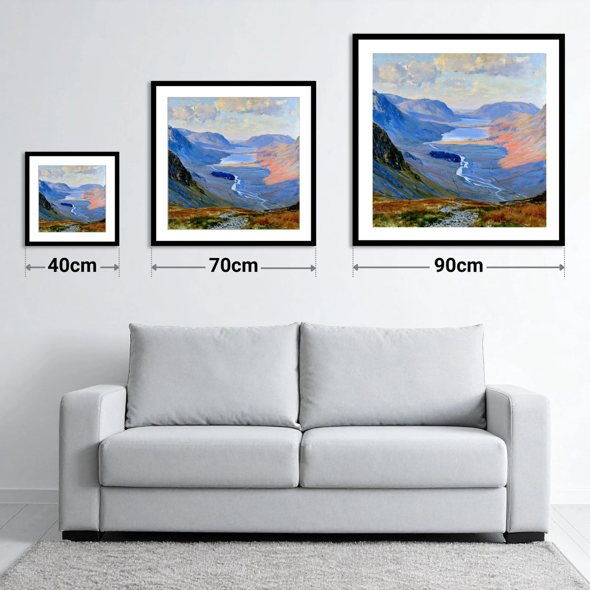 Luminous Valley View from Haystacks - size guide showing 40cm, 70cm and 90cm art prints