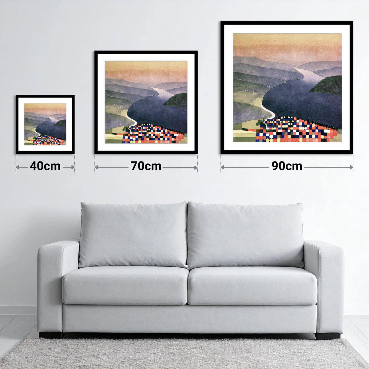 Geometric Ambleside and Indigo Waters - size guide showing 40cm, 70cm and 90cm art prints