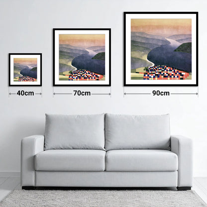 Geometric Ambleside and Indigo Waters - size guide showing 40cm, 70cm and 90cm art prints