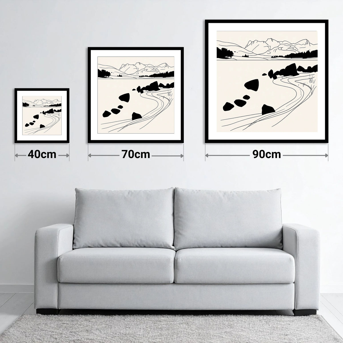 Minimalist Elterwater Scattered Rocks - size guide showing 40cm, 70cm and 90cm art prints