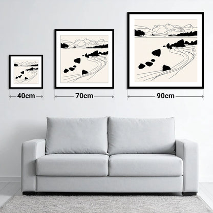 Minimalist Elterwater Scattered Rocks - size guide showing 40cm, 70cm and 90cm art prints