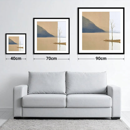 Minimalist Tree at Bassenthwaite Lake - size guide showing 40cm, 70cm and 90cm art prints