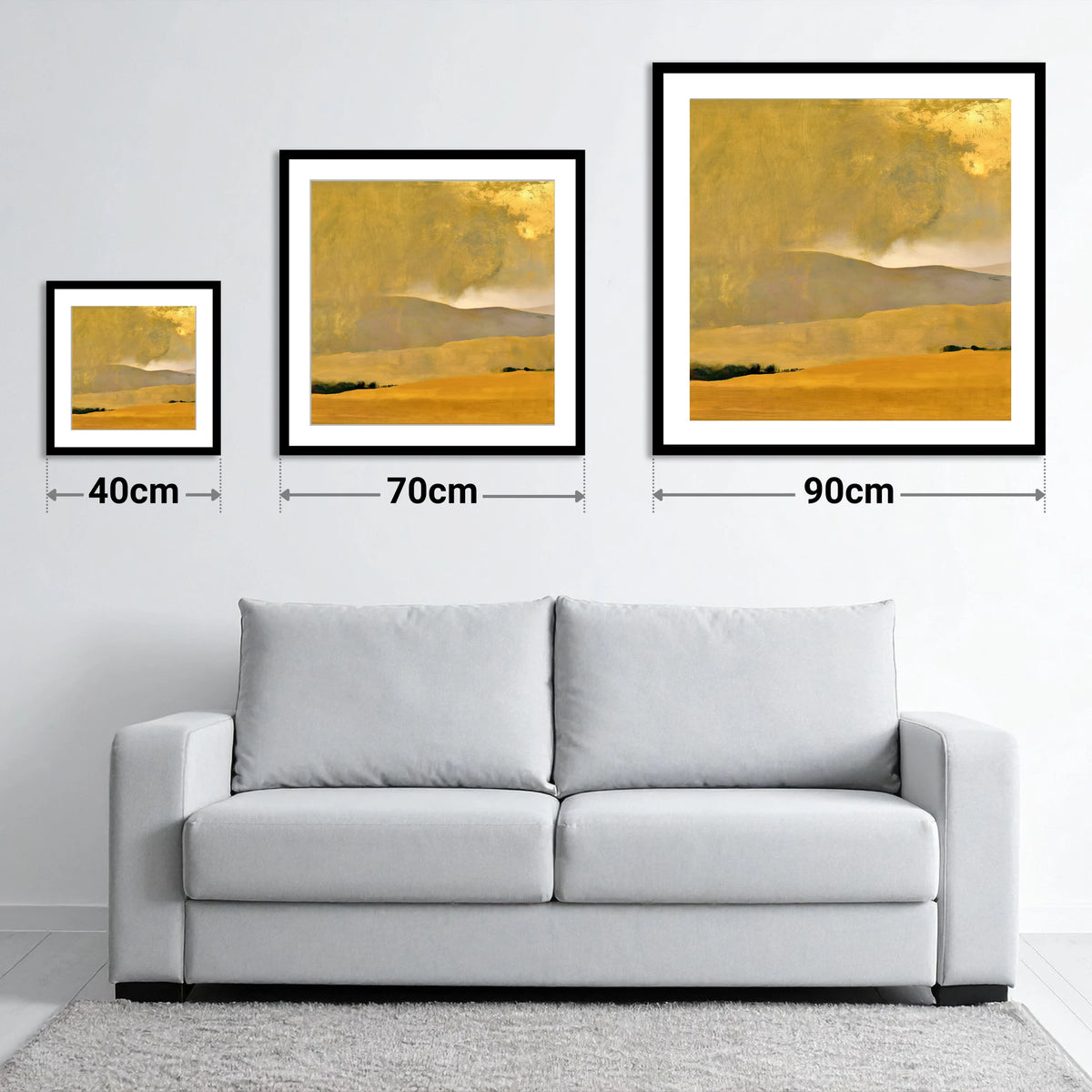 Golden Storm Over Lakeland Fells - size guide showing 40cm, 70cm and 90cm art prints
