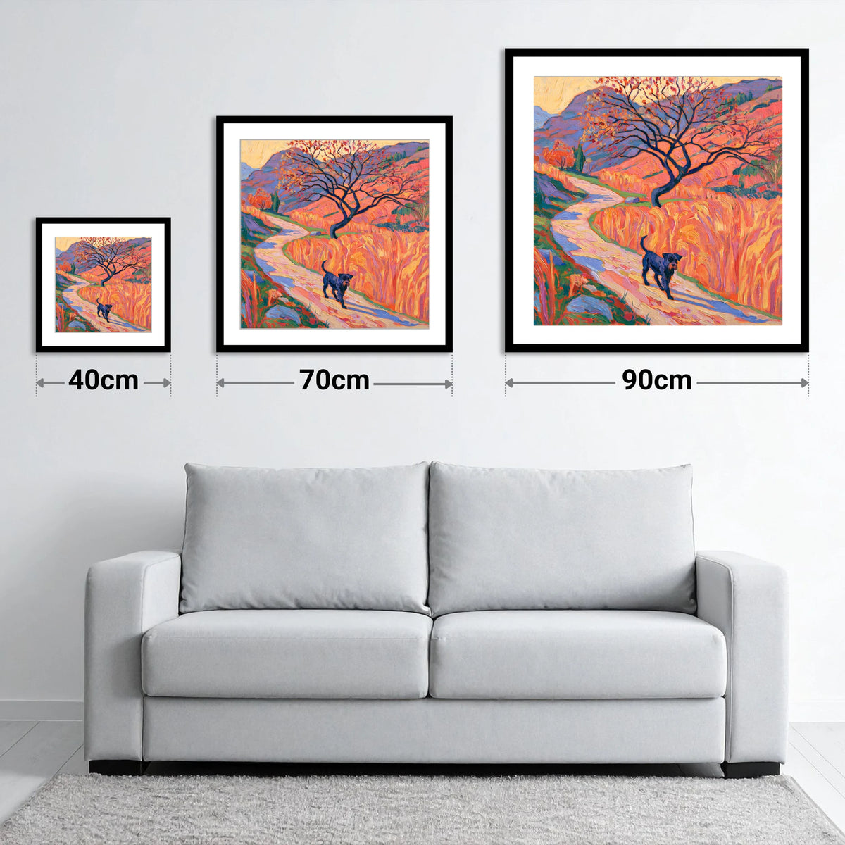 Colourful Patterdale Dog Walk - size guide showing 40cm, 70cm and 90cm art prints