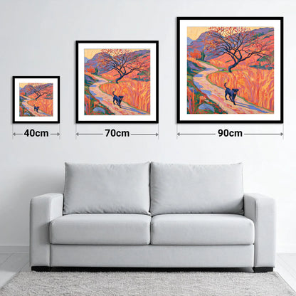 Colourful Patterdale Dog Walk - size guide showing 40cm, 70cm and 90cm art prints