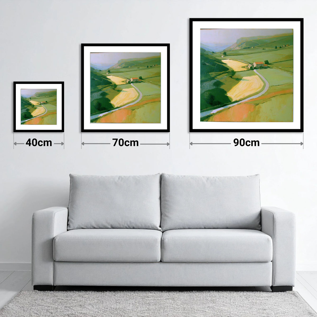 Valley Farm in Golden Light - size guide showing 40cm, 70cm and 90cm art prints