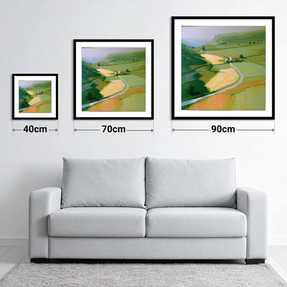 Valley Farm in Golden Light - size guide showing 40cm, 70cm and 90cm art prints