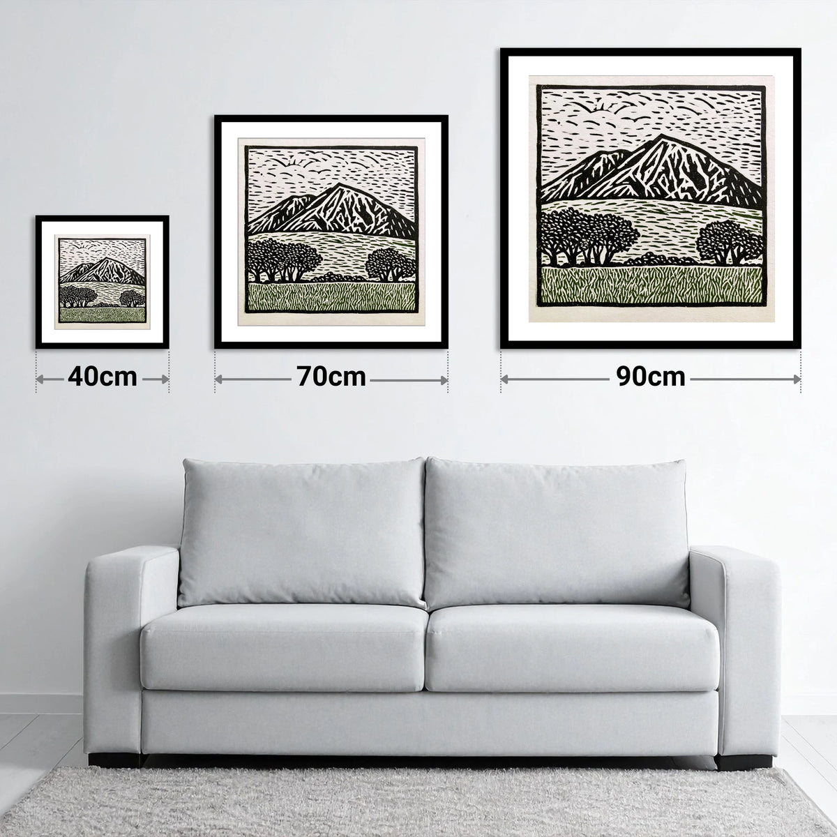 Bold Blencathra in High Contrast - size guide showing 40cm, 70cm and 90cm art prints