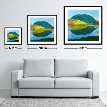 Sunlit Nab Scar Over Water - size guide showing 40cm, 70cm and 90cm art prints