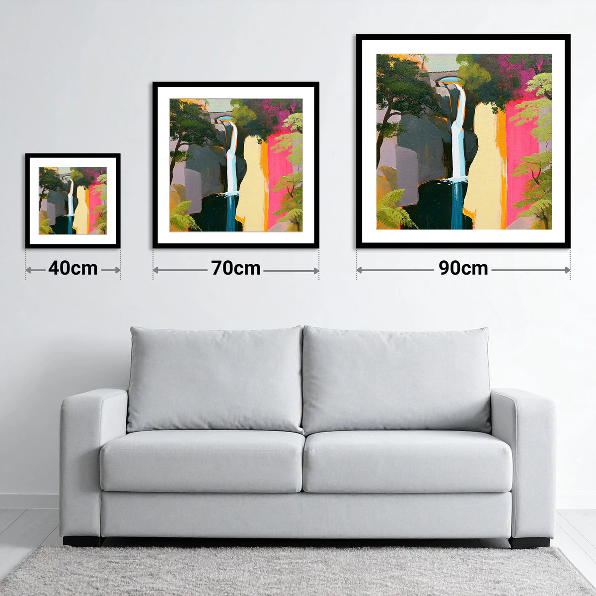 Contemporary Aira Force Waterfall - size guide showing 40cm, 70cm and 90cm art prints