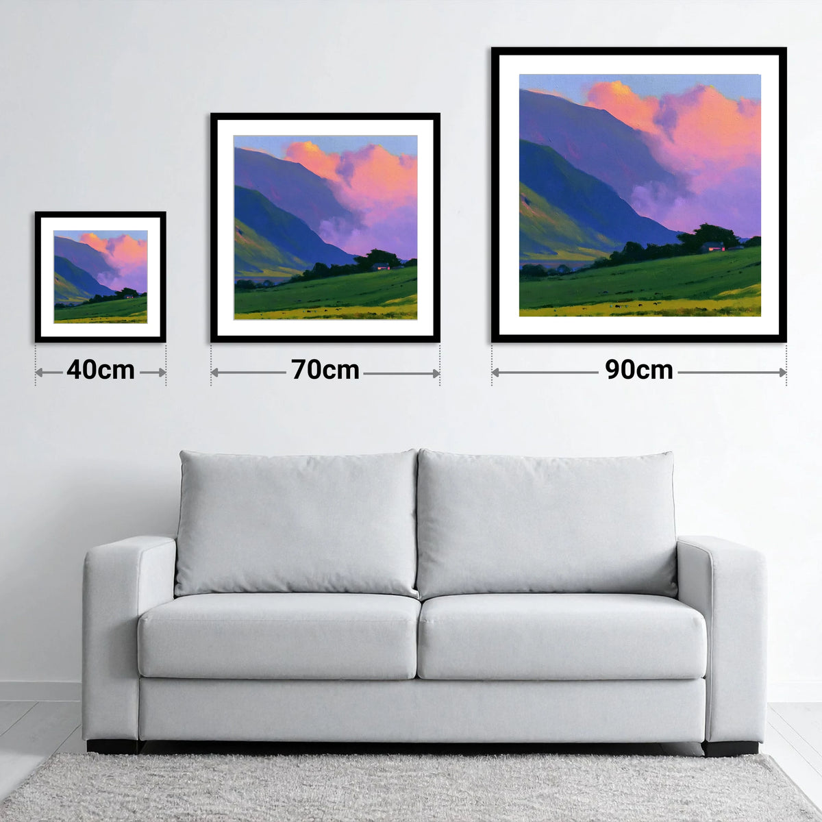 Rolling Fells Under Magenta Clouds - size guide showing 40cm, 70cm and 90cm art prints