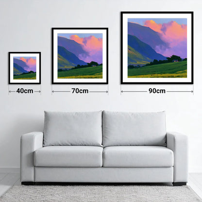 Rolling Fells Under Magenta Clouds - size guide showing 40cm, 70cm and 90cm art prints