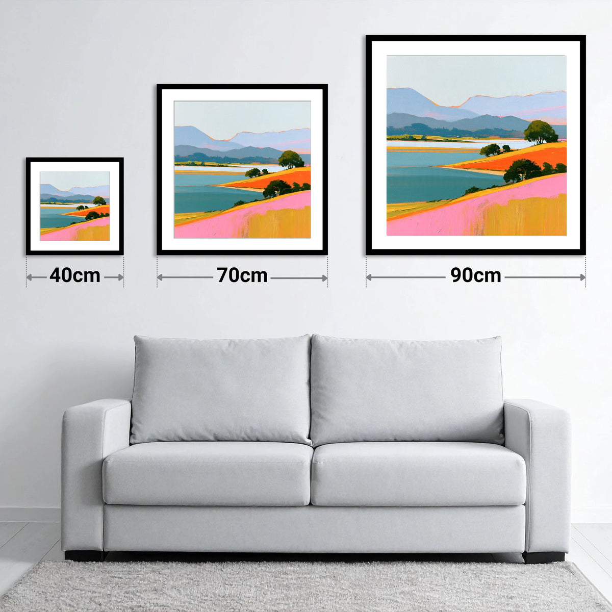 Vibrant Fells and Teal Lake - size guide showing 40cm, 70cm and 90cm art prints