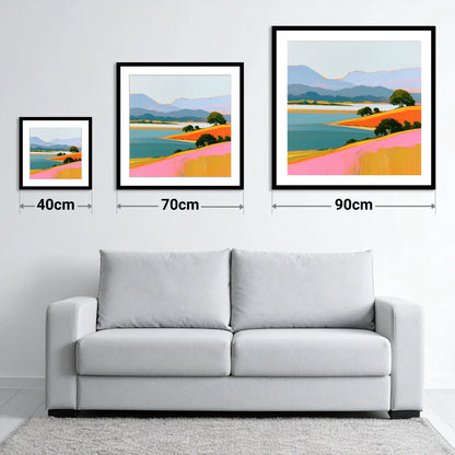 Vibrant Fells and Teal Lake - size guide showing 40cm, 70cm and 90cm art prints
