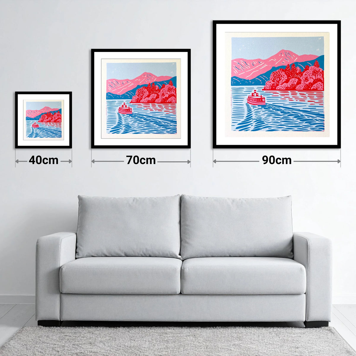 Vibrant Derwentwater Boat and Fells - size guide showing 40cm, 70cm and 90cm art prints