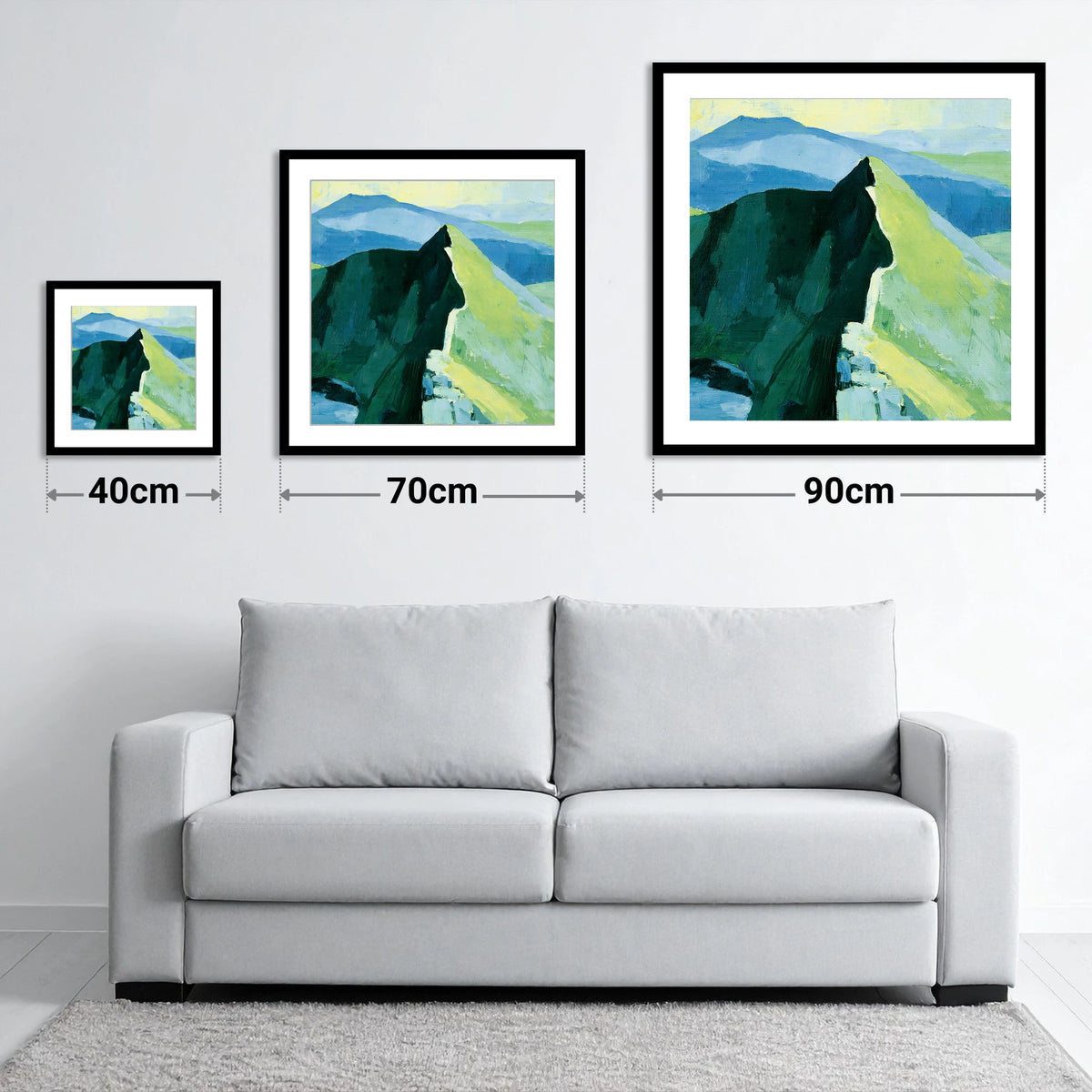 Bold Shadows on Striding Edge - size guide showing 40cm, 70cm and 90cm art prints