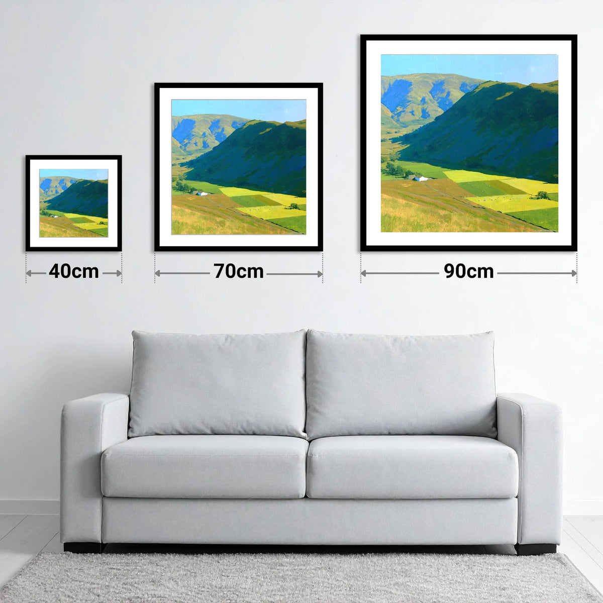 Sunlit Fields Below Steel Knotts - size guide showing 40cm, 70cm and 90cm art prints