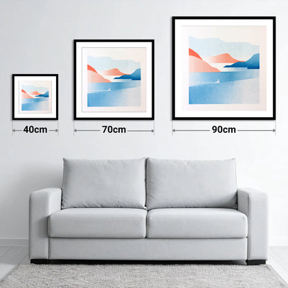 Graphic Sailboat on Lake Windermere - size guide showing 40cm, 70cm and 90cm art prints