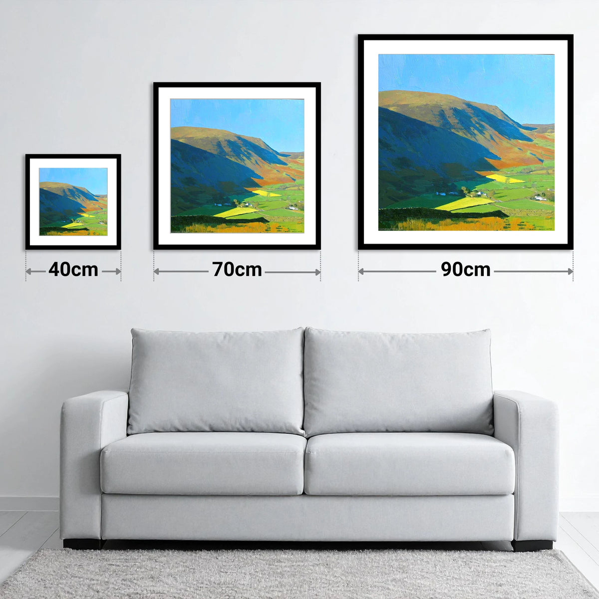 Blue Shadows On Barrow Ridge - size guide showing 40cm, 70cm and 90cm art prints