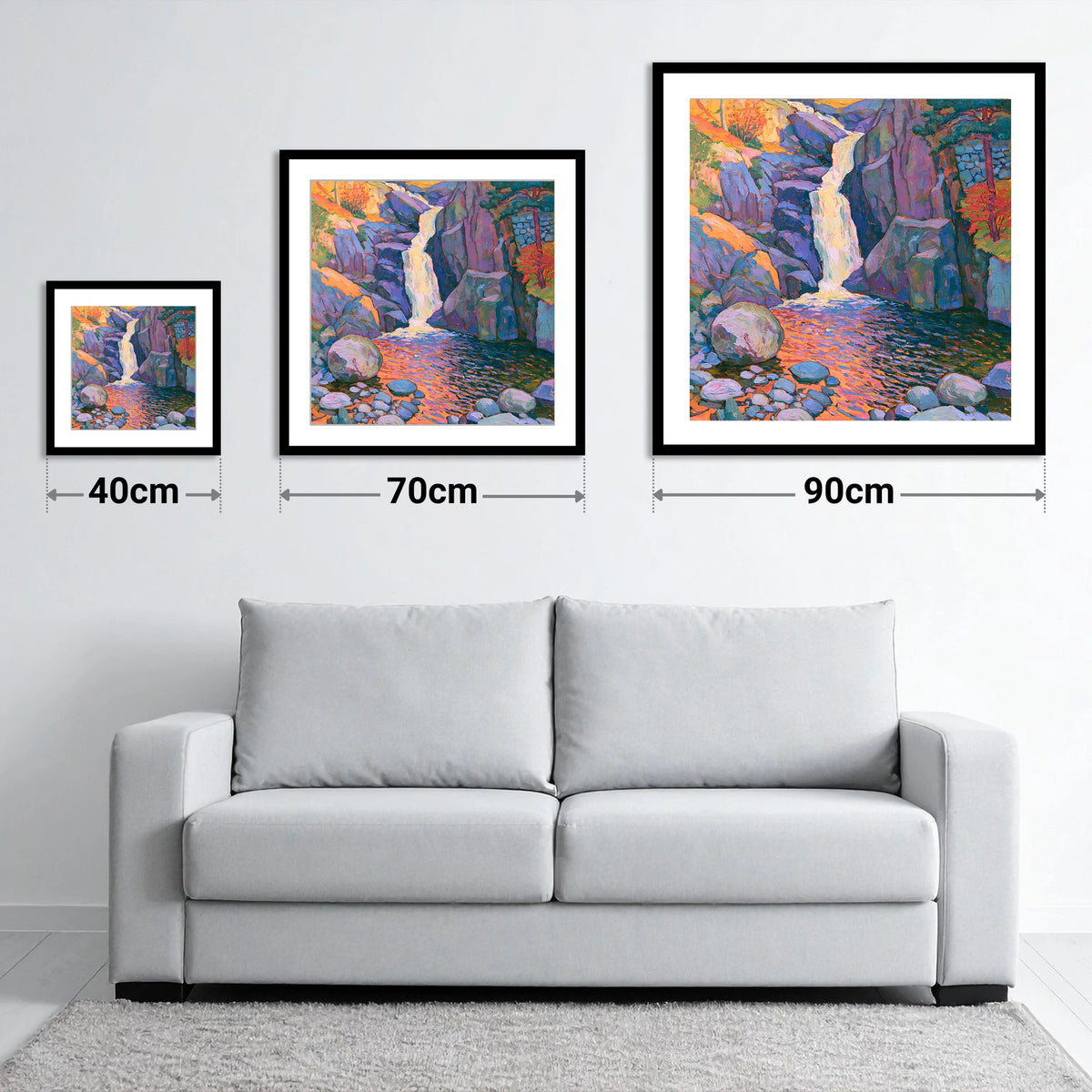 Luminous Lake District Waterfall - size guide showing 40cm, 70cm and 90cm art prints