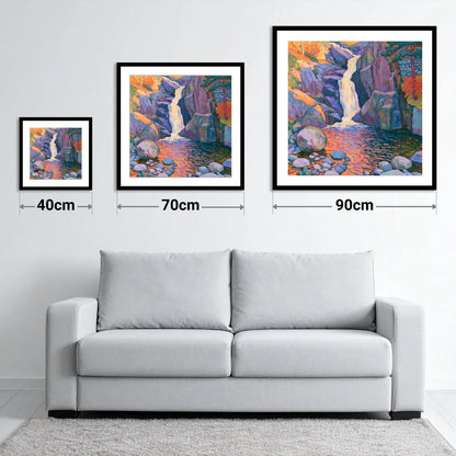 Luminous Lake District Waterfall - size guide showing 40cm, 70cm and 90cm art prints