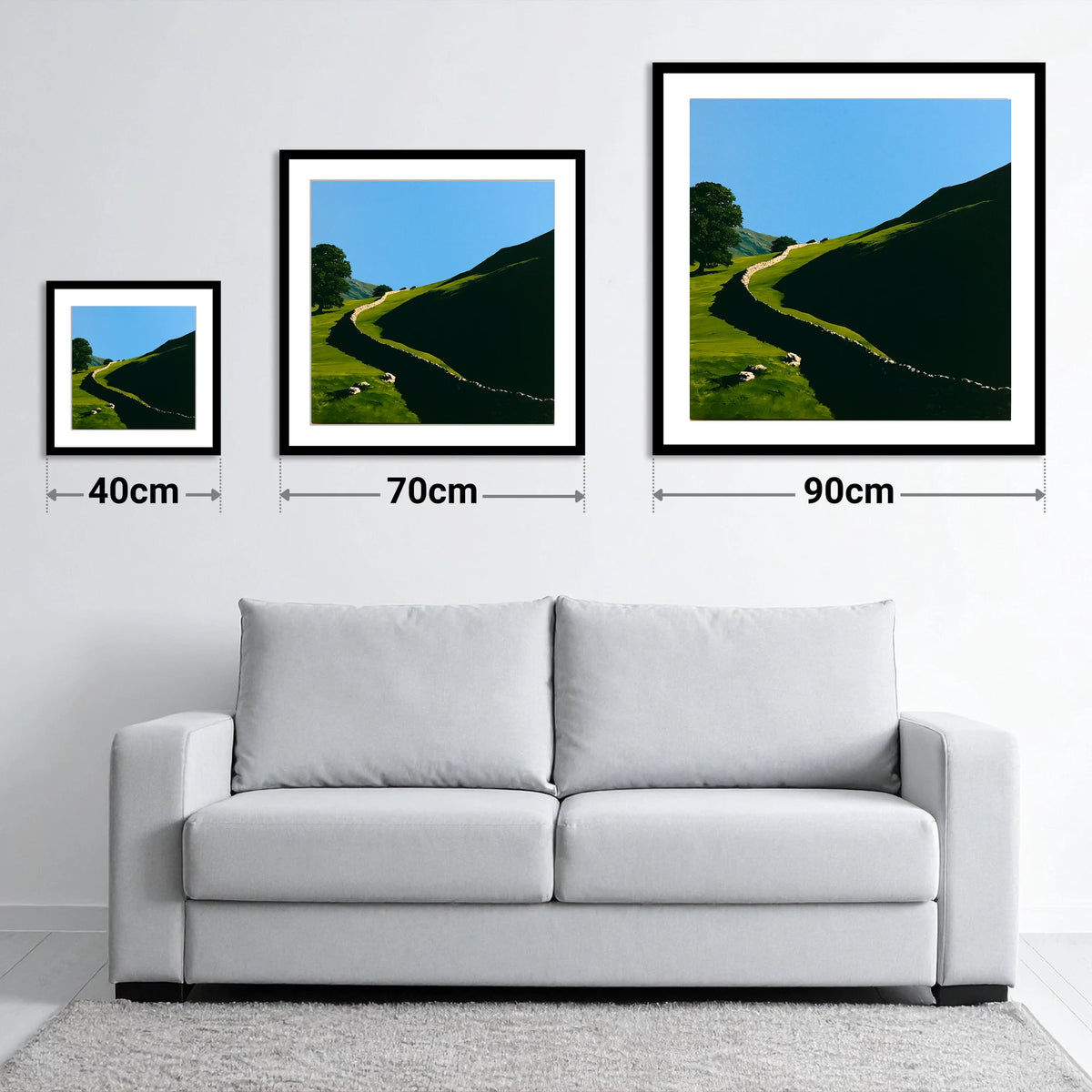 Shadowed Valley Drystone Wall - size guide showing 40cm, 70cm and 90cm art prints