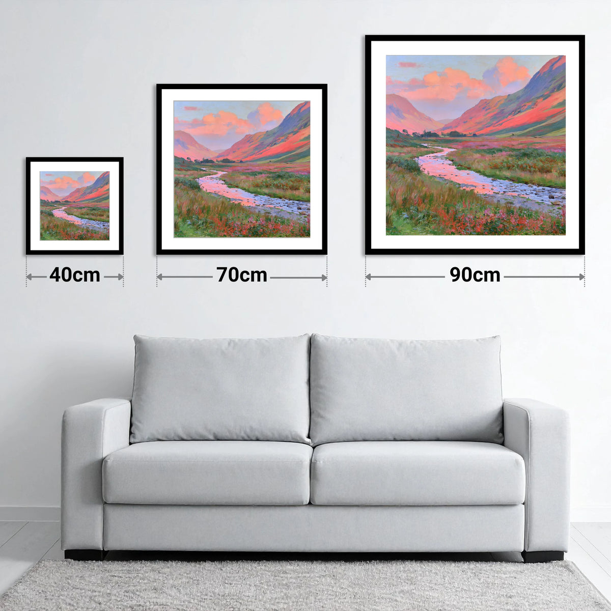 Winding Valley River at Sunset - size guide showing 40cm, 70cm and 90cm art prints