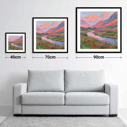 Winding Valley River at Sunset - size guide showing 40cm, 70cm and 90cm art prints
