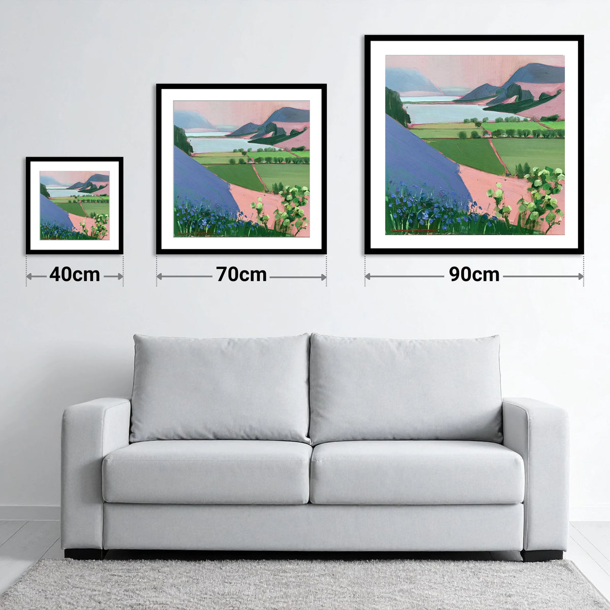 Pastel Crummock Water From Rannerdale - size guide showing 40cm, 70cm and 90cm art prints