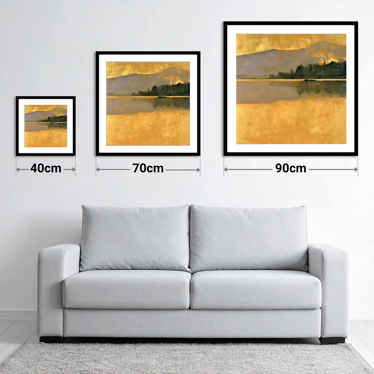 Still Lake in Golden Dawn - size guide showing 40cm, 70cm and 90cm art prints
