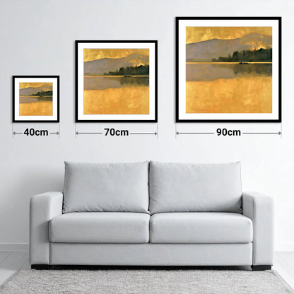Still Lake in Golden Dawn - size guide showing 40cm, 70cm and 90cm art prints