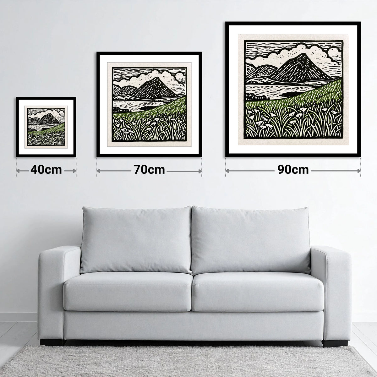 Bold Catbells and Wild Grasses - size guide showing 40cm, 70cm and 90cm art prints