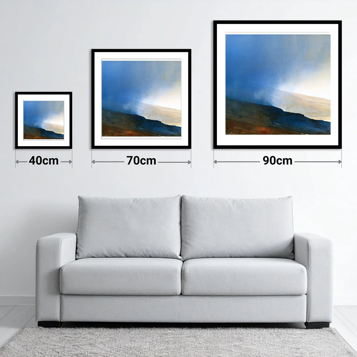 Indigo Clouds Over Rolling Fells - size guide showing 40cm, 70cm and 90cm art prints