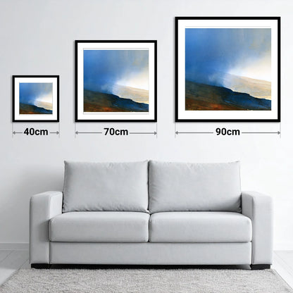 Indigo Clouds Over Rolling Fells - size guide showing 40cm, 70cm and 90cm art prints