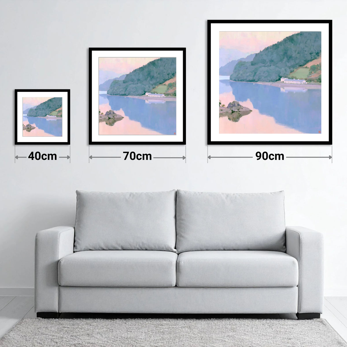 Pink Dawn on Coniston Water - size guide showing 40cm, 70cm and 90cm art prints