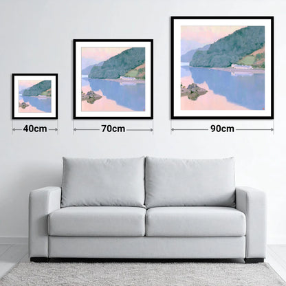 Pink Dawn on Coniston Water - size guide showing 40cm, 70cm and 90cm art prints
