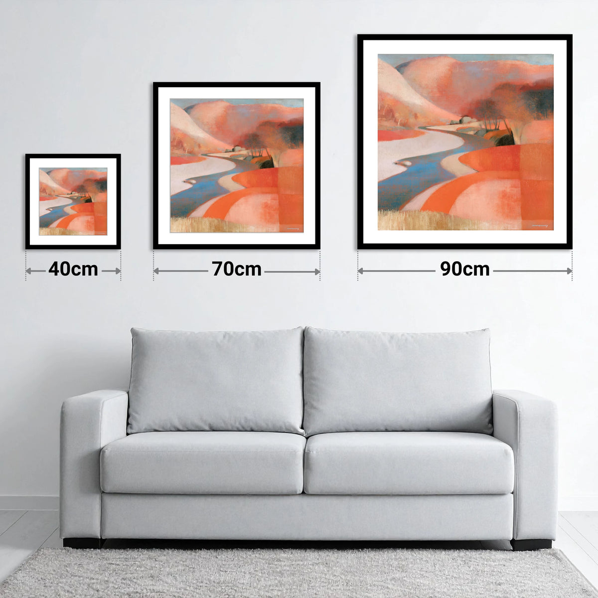 Winding Valley River in Terracotta - size guide showing 40cm, 70cm and 90cm art prints