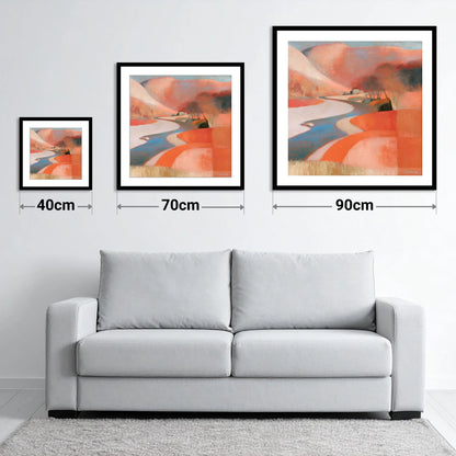 Winding Valley River in Terracotta - size guide showing 40cm, 70cm and 90cm art prints